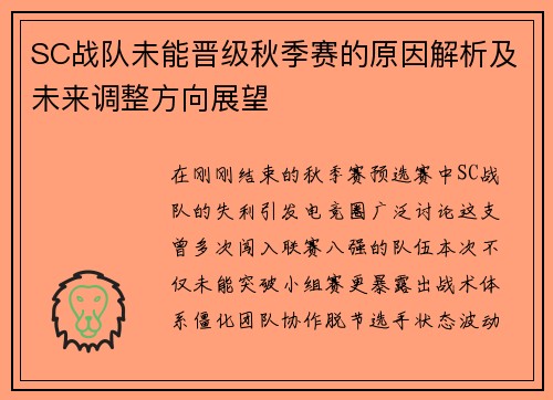 SC战队未能晋级秋季赛的原因解析及未来调整方向展望