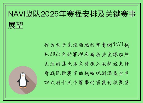 NAVI战队2025年赛程安排及关键赛事展望