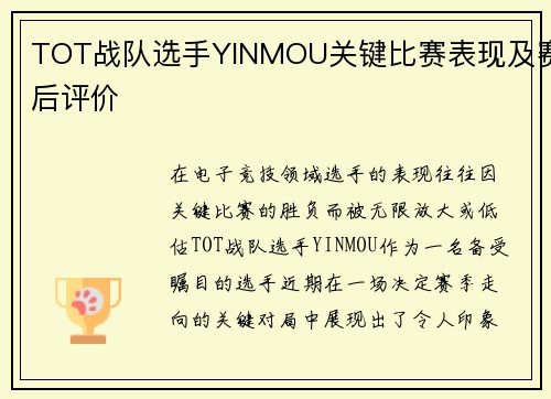 TOT战队选手YINMOU关键比赛表现及赛后评价